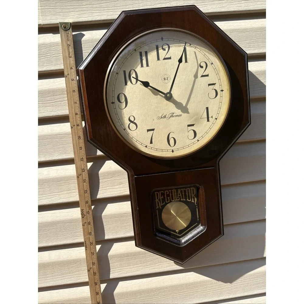 ANTIQUE SETH THOMAS REGULATOR WAll CLOCK Walnut or Mahogany? WORKS Every Hr